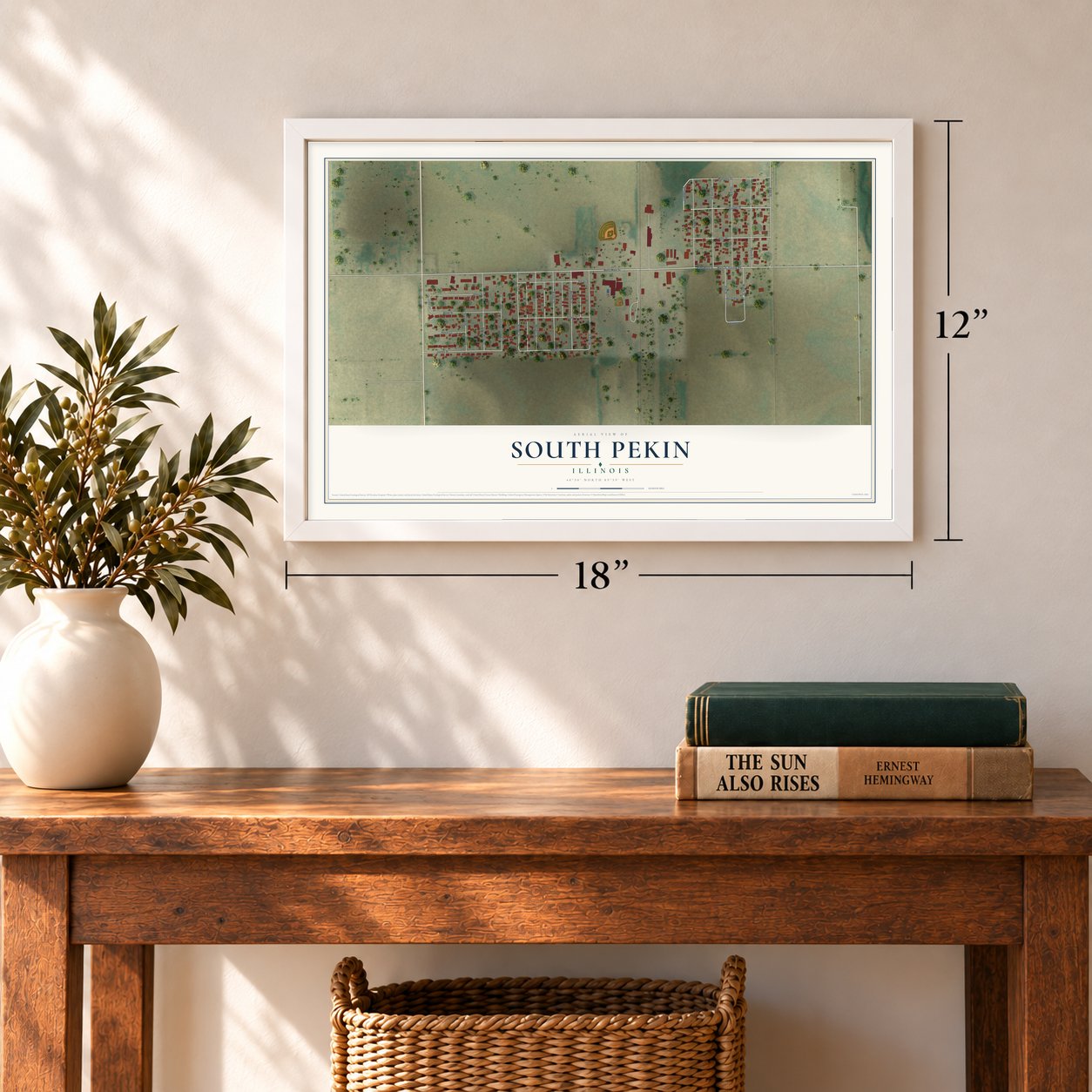 South Pekin, Illinois map, 12 x 18 inch print in a white frame in an entryway