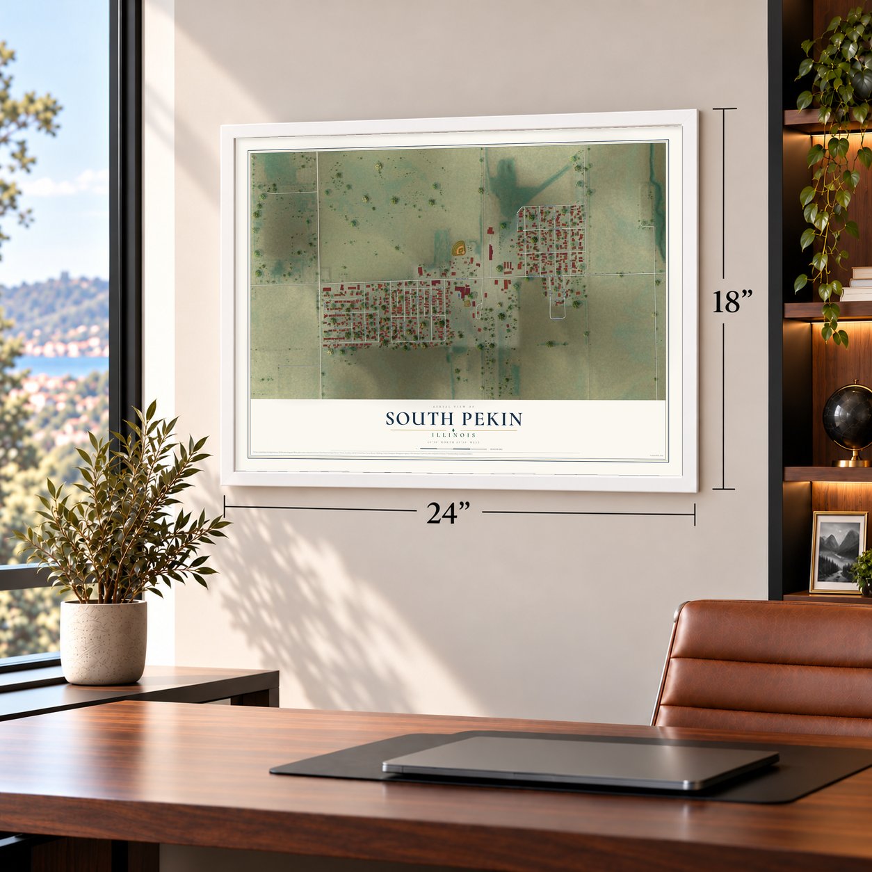 South Pekin, Illinois map, 18 x 24 inch print in a white frame in a home office