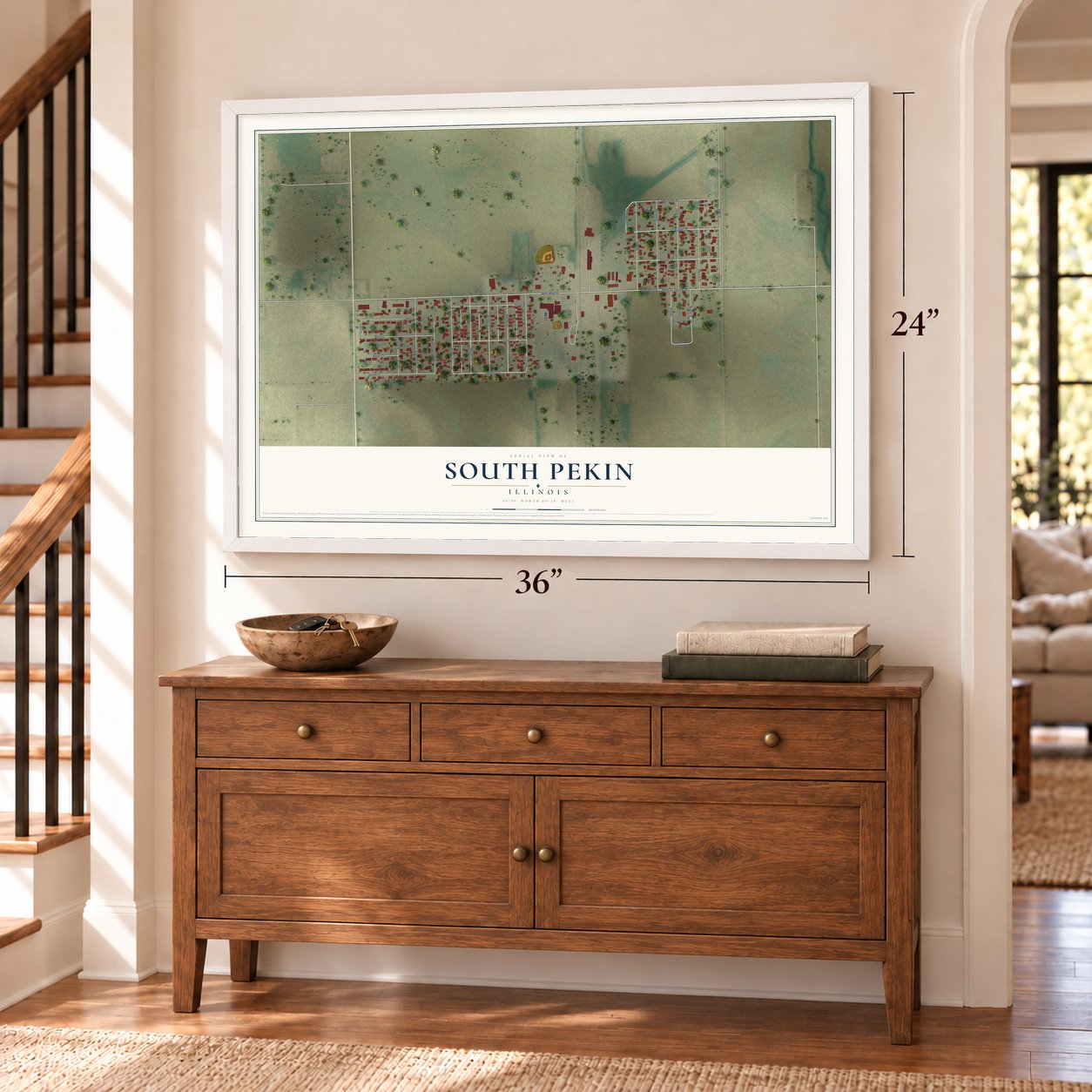 South Pekin, Illinois map, 24 x 36 inch print in a white frame above a dresser by a staircase