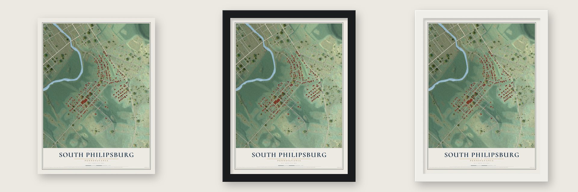 South Philipsburg, Pennsylvania map unframed, in a black wood frame and in a white wood frame