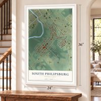 South Philipsburg, Pennsylvania map, 24 x 36 inch print in a white frame by a staircase