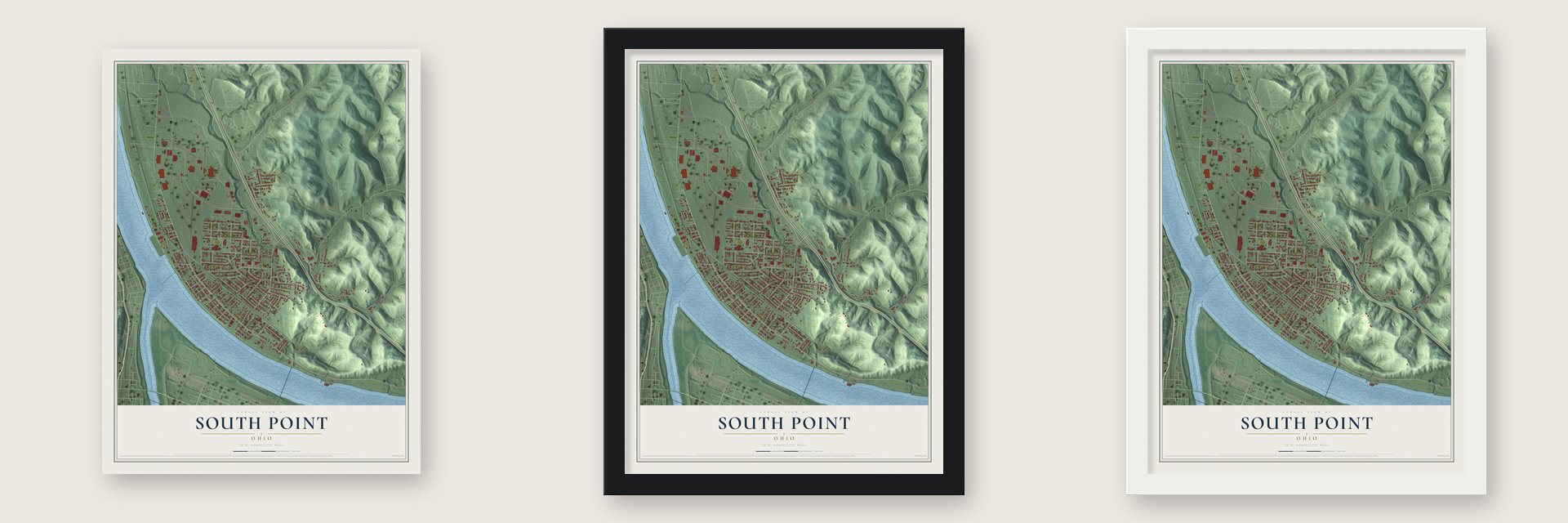 South Point, Ohio map unframed, in a black wood frame and in a white wood frame