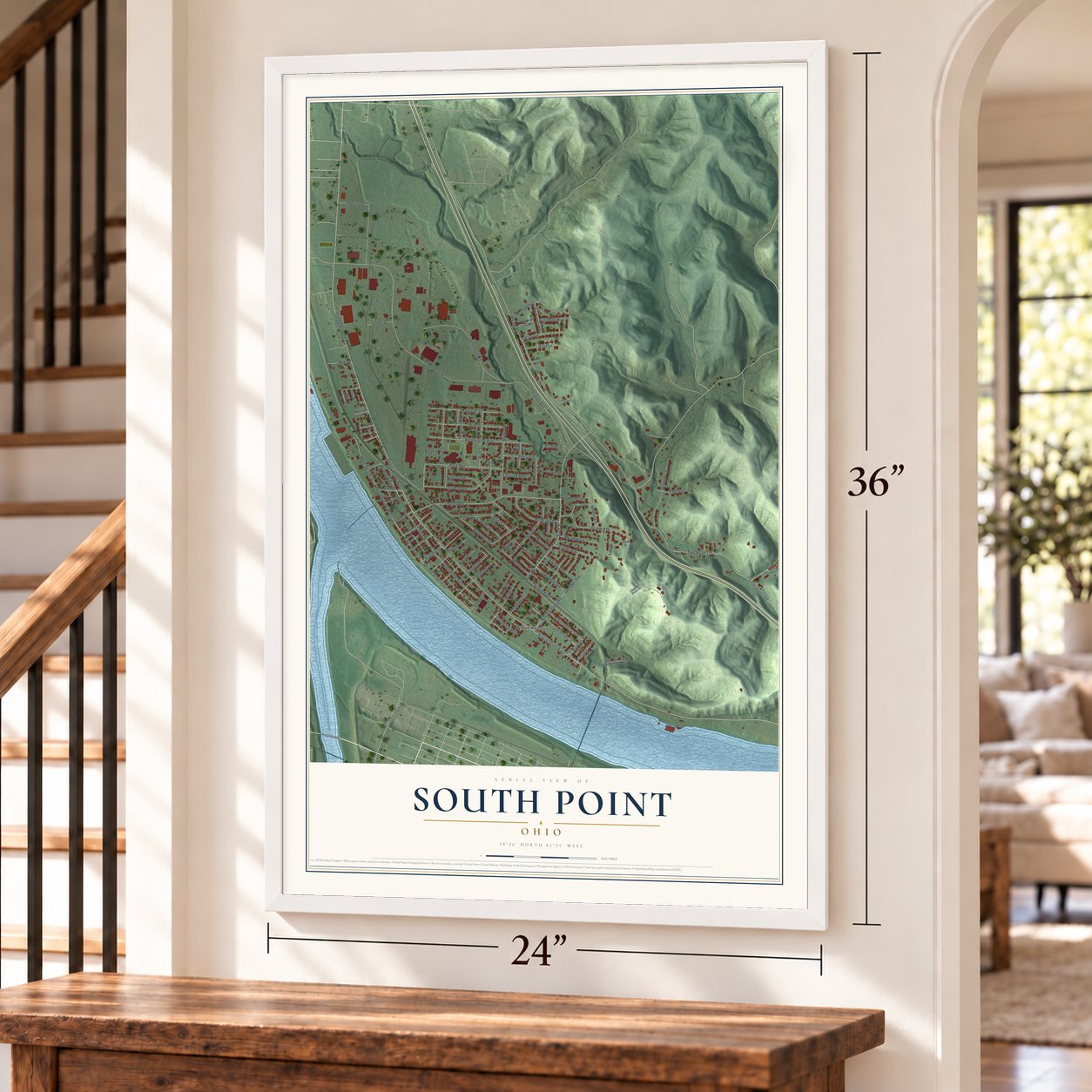 South Point, Ohio map, 24 x 36 inch print in a white frame by a staircase