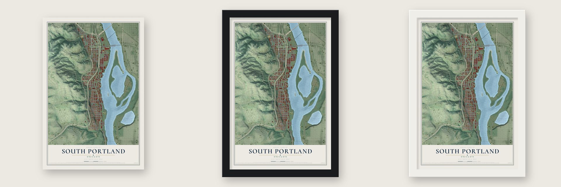South Portland, Oregon map unframed, in a black wood frame and in a white wood frame