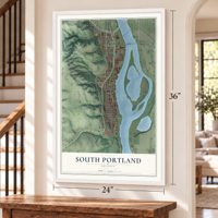 South Portland, Oregon map, 24 x 36 inch print in a white frame by a staircase