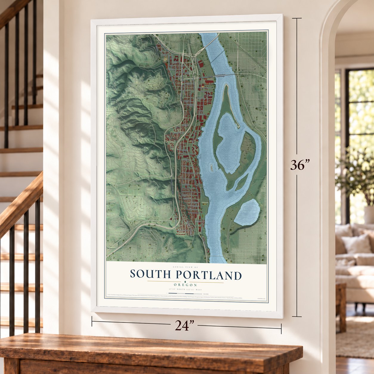 South Portland, Oregon map, 24 x 36 inch print in a white frame by a staircase