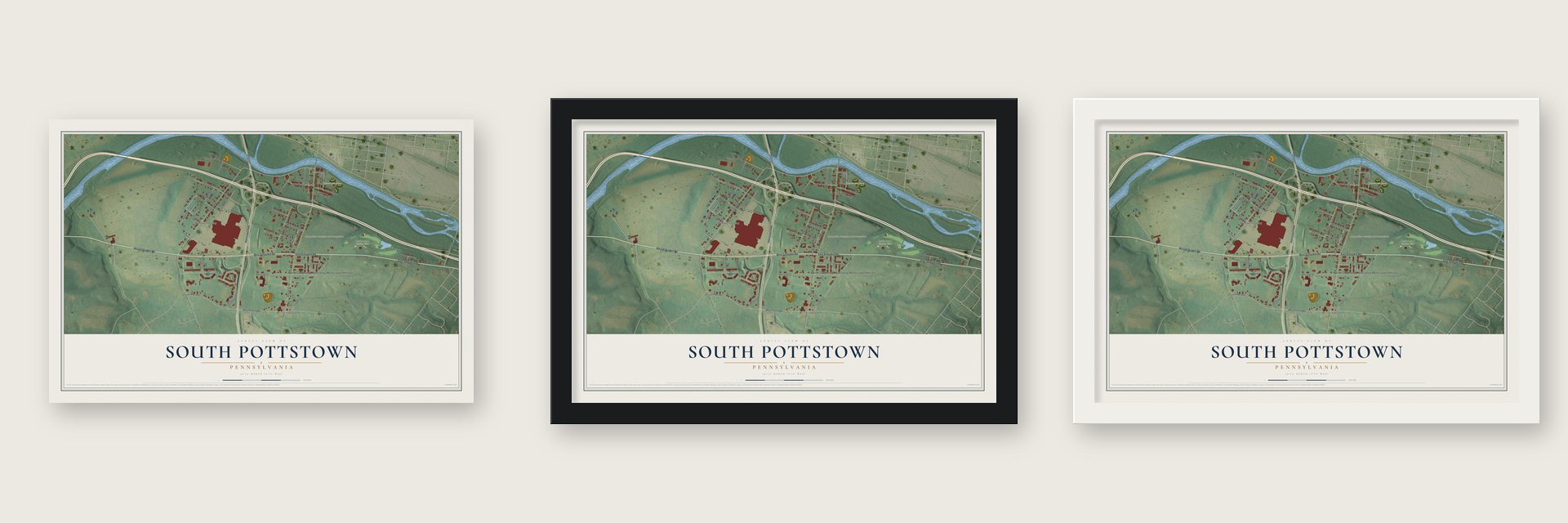 South Pottstown, Pennsylvania map unframed, in a black wood frame and in a white wood frame
