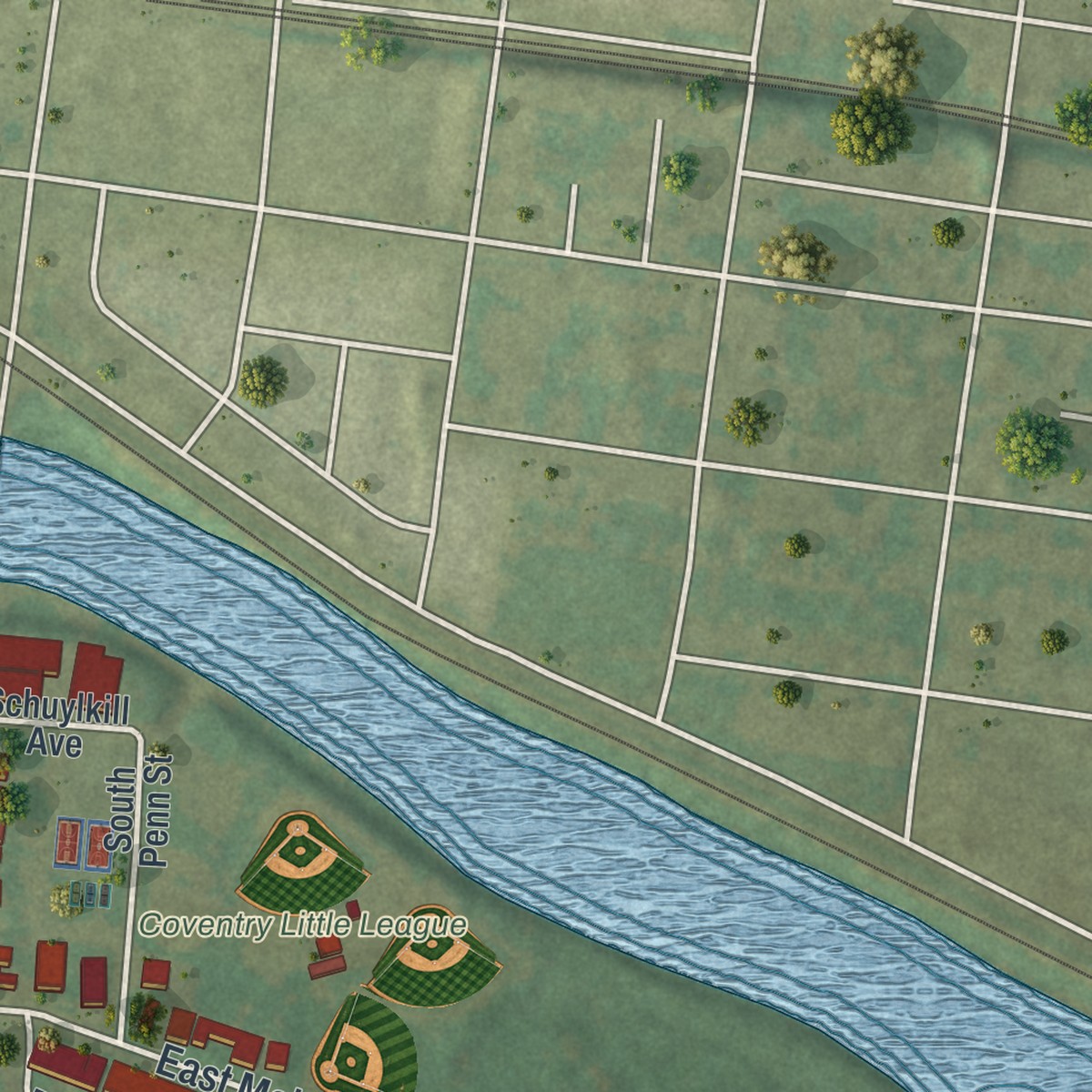 Second close-up of the map of South Pottstown, Pennsylvania print showing more streets and buildings