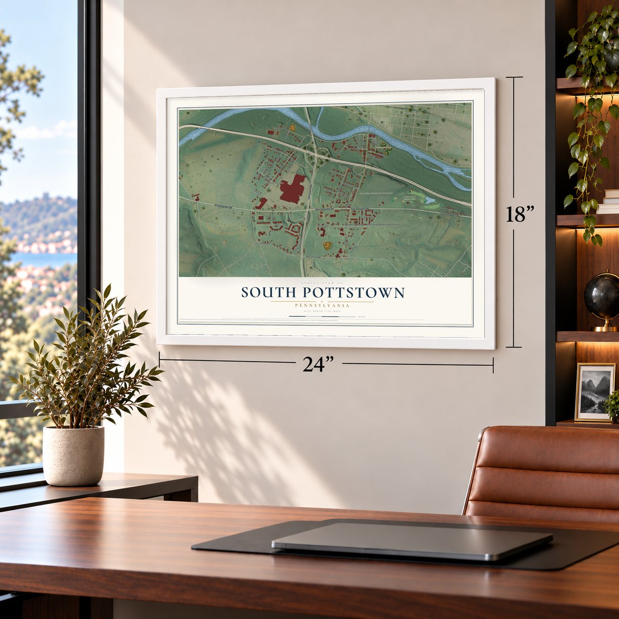 South Pottstown, Pennsylvania map, 18 x 24 inch print in a white frame in a home office