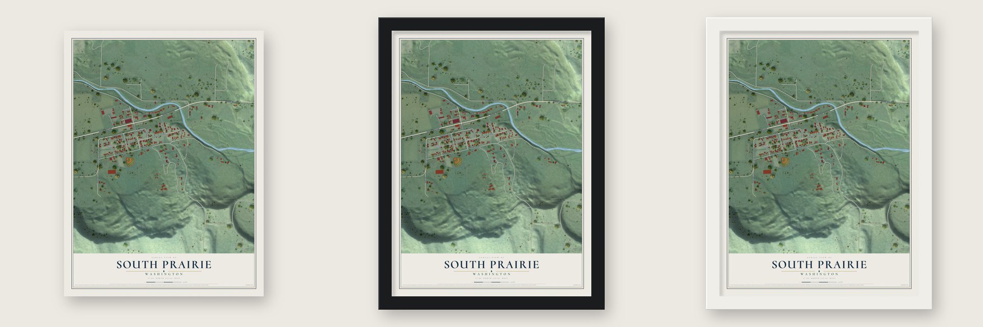 South Prairie, Washington map unframed, in a black wood frame and in a white wood frame