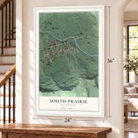 South Prairie, Washington map, 24 x 36 inch print in a white frame by a staircase