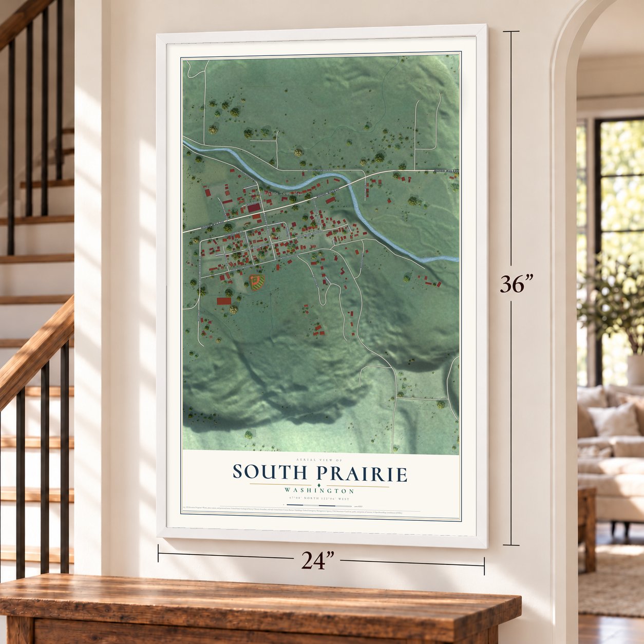 South Prairie, Washington map, 24 x 36 inch print in a white frame by a staircase