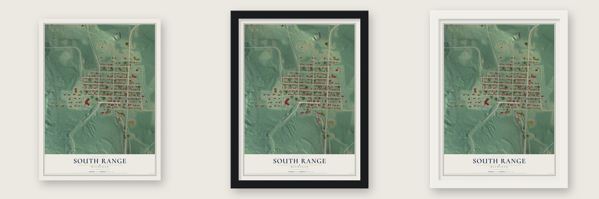 South Range, Michigan map unframed, in a black wood frame and in a white wood frame