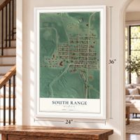 South Range, Michigan map, 24 x 36 inch print in a white frame by a staircase