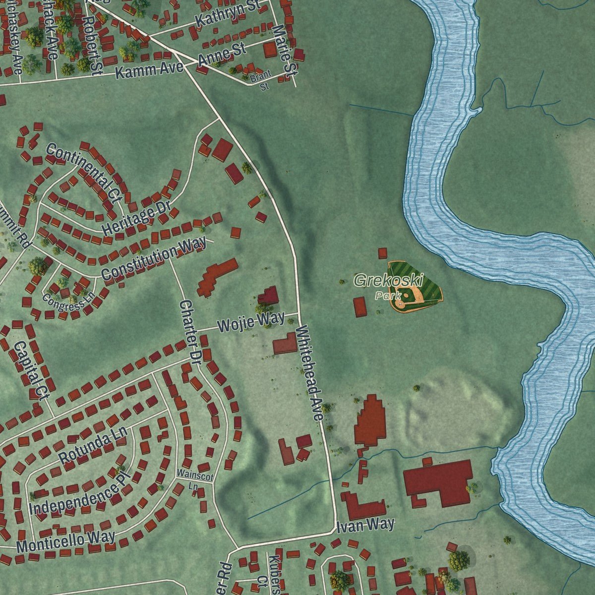 Second close-up of the map of South River, New Jersey print showing more streets and buildings