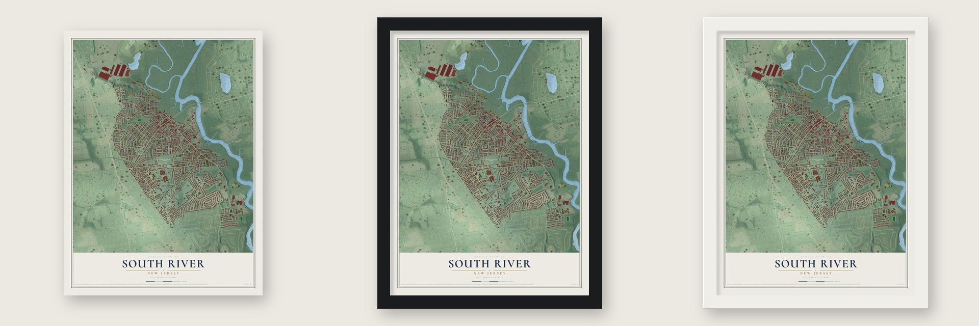 South River, New Jersey map unframed, in a black wood frame and in a white wood frame