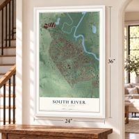 South River, New Jersey map, 24 x 36 inch print in a white frame by a staircase