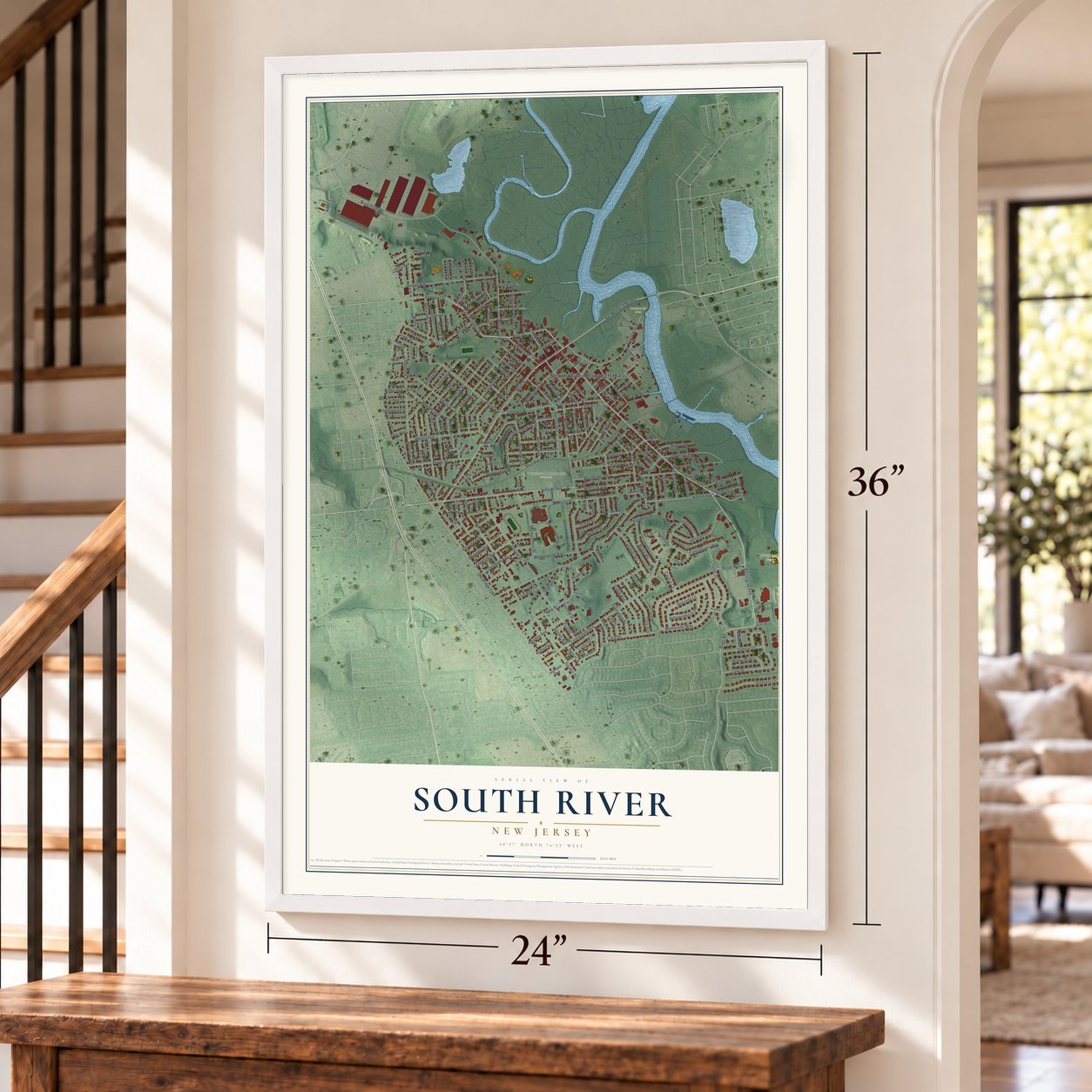 South River, New Jersey map, 24 x 36 inch print in a white frame by a staircase