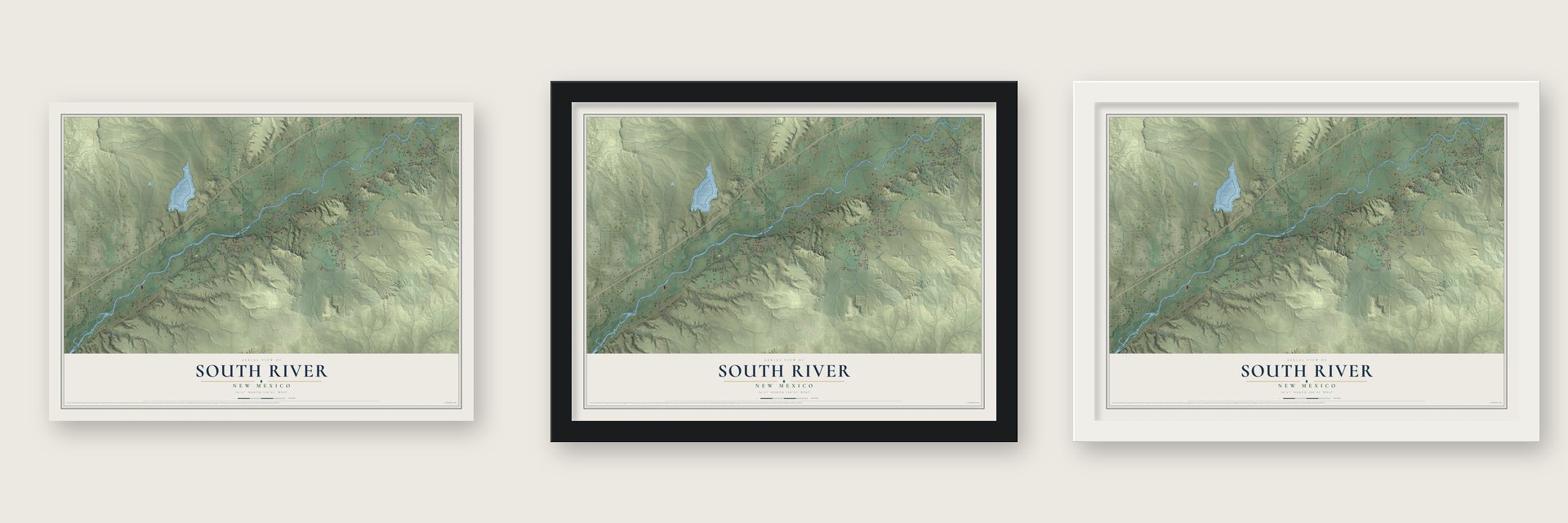 South River, New Mexico map unframed, in a black wood frame and in a white wood frame
