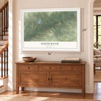 South River, New Mexico map, 24 x 36 inch print in a white frame above a dresser by a staircase