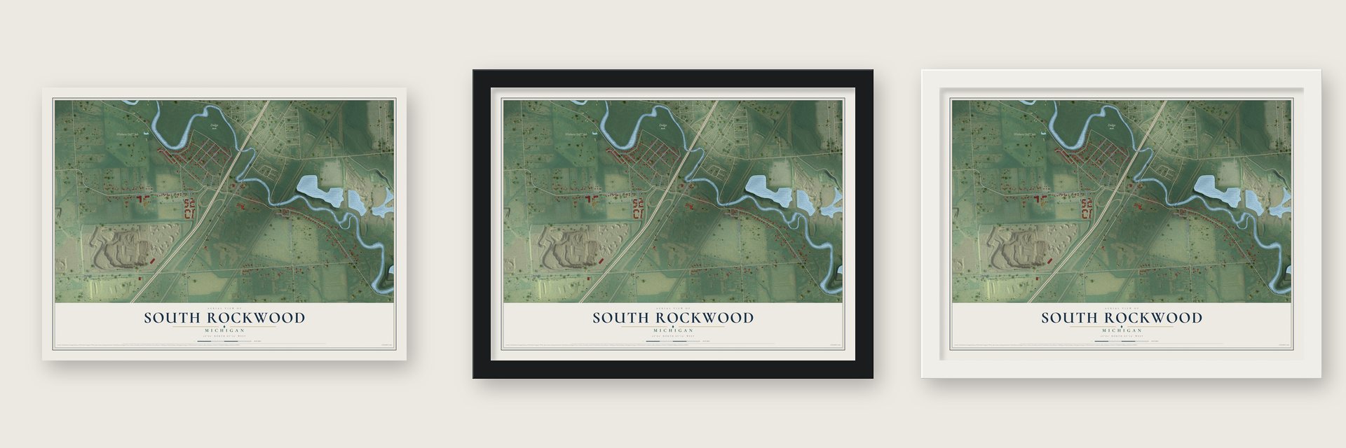 South Rockwood, Michigan map unframed, in a black wood frame and in a white wood frame