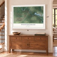 South Rockwood, Michigan map, 24 x 36 inch print in a white frame above a dresser by a staircase