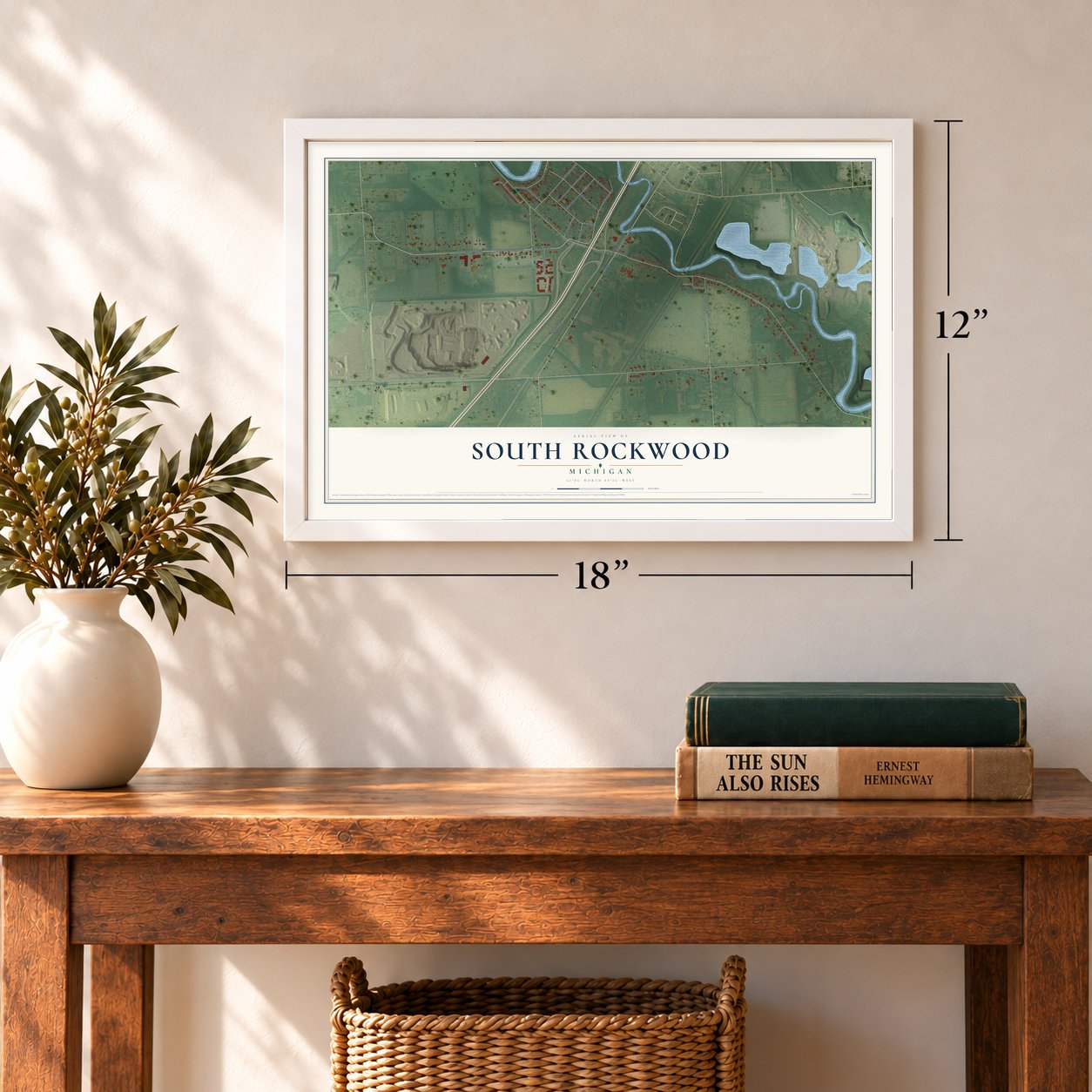 South Rockwood, Michigan map, 12 x 18 inch print in a white frame in an entryway
