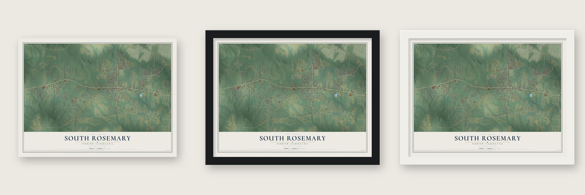 South Rosemary, North Carolina map unframed, in a black wood frame and in a white wood frame