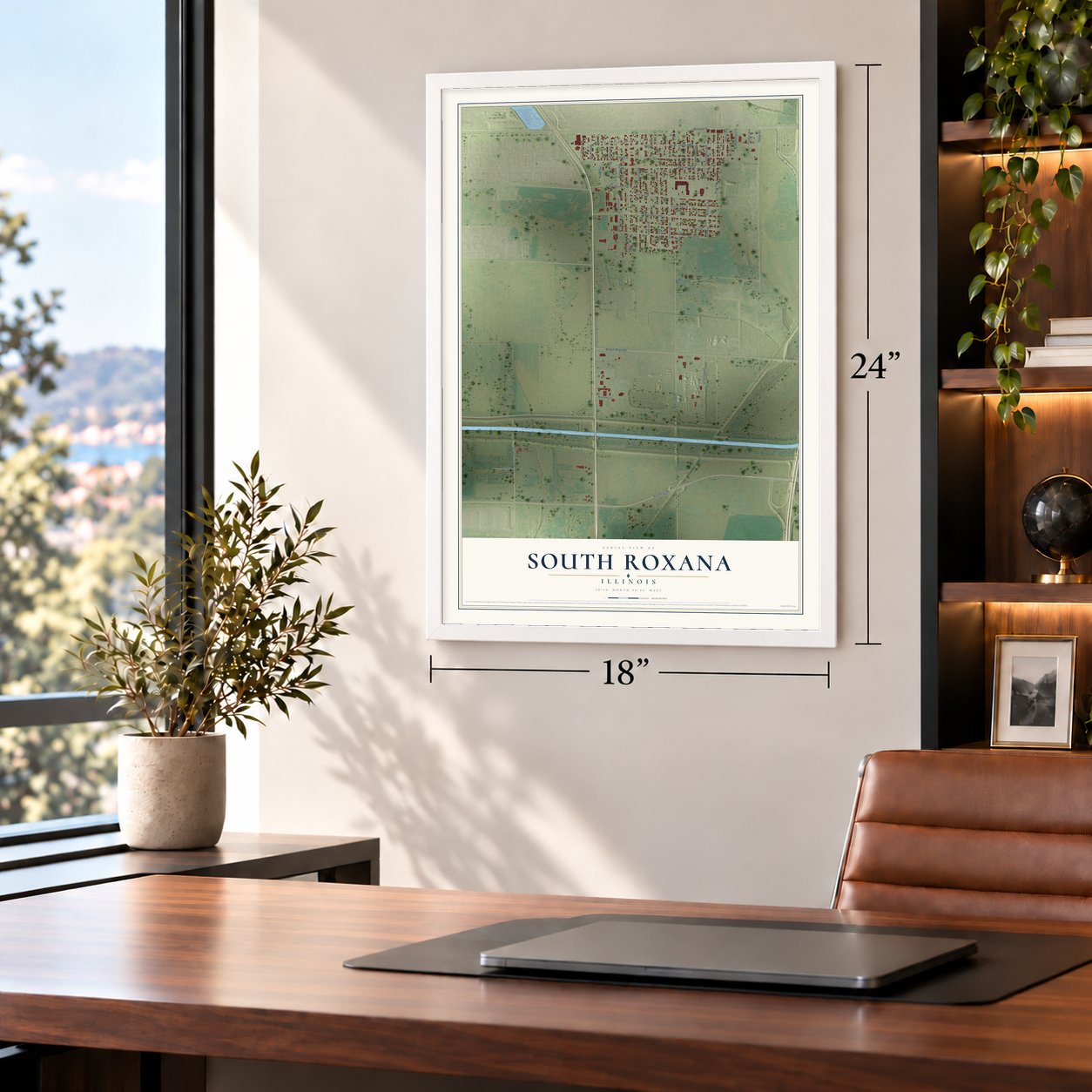 South Roxana, Illinois map, 18 x 24 inch print in a white frame in a home office