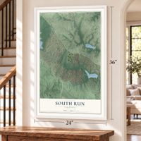 South Run, Virginia map, 24 x 36 inch print in a white frame by a staircase