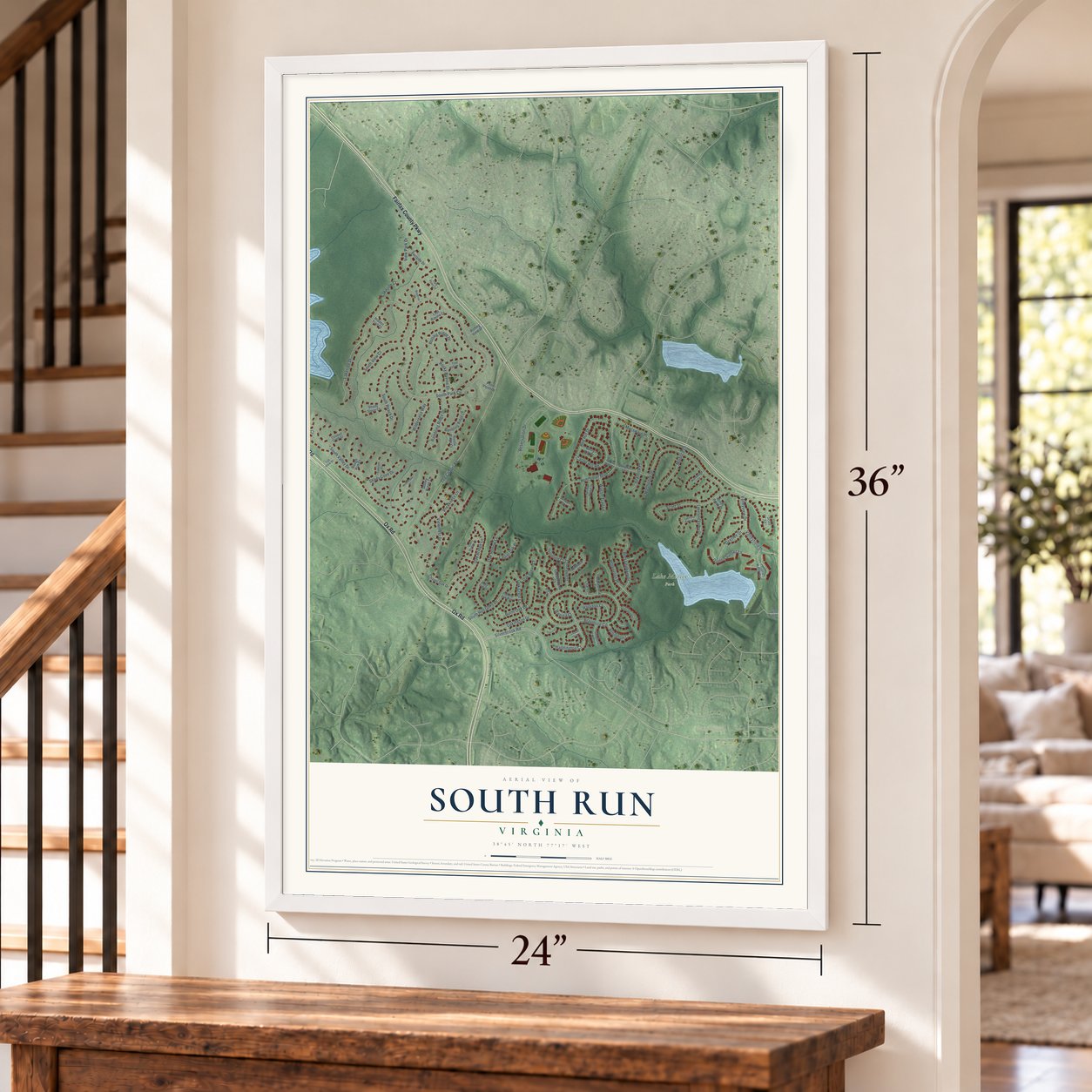 South Run, Virginia map, 24 x 36 inch print in a white frame by a staircase