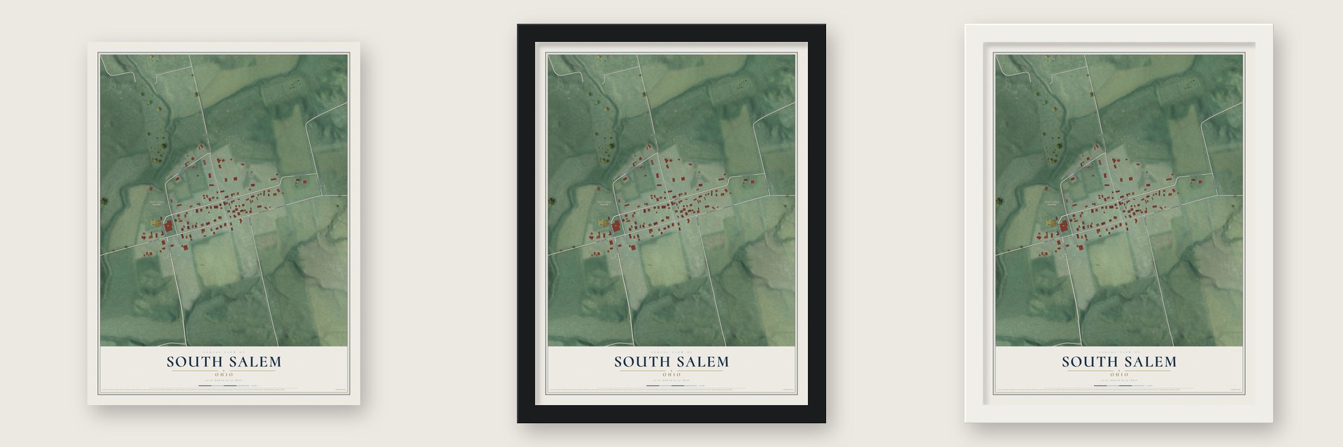 South Salem, Ohio map unframed, in a black wood frame and in a white wood frame