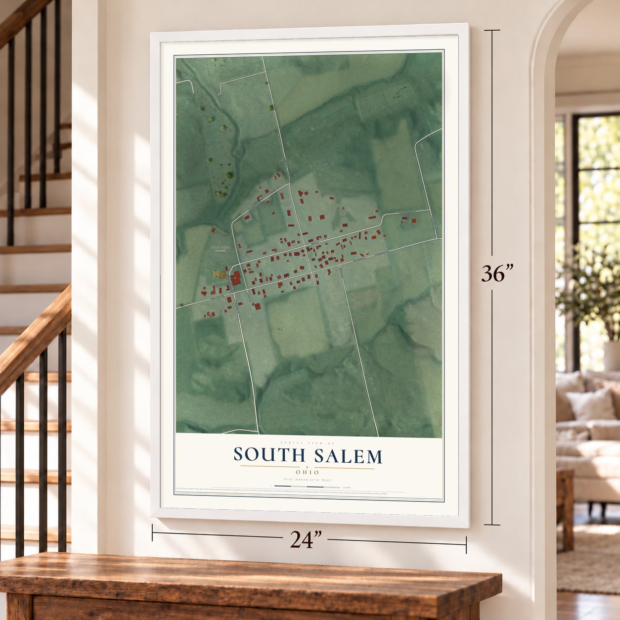 South Salem, Ohio map, 24 x 36 inch print in a white frame by a staircase