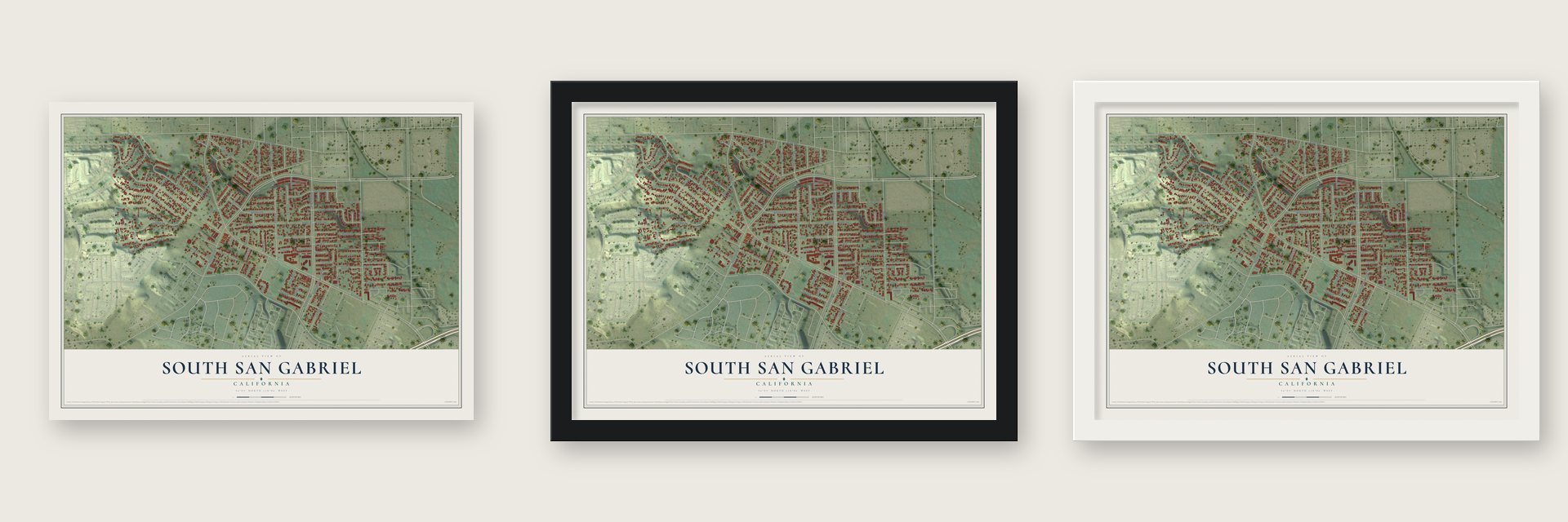 South San Gabriel, California map unframed, in a black wood frame and in a white wood frame