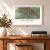 South San Gabriel, California map, 12 x 18 inch print in a white frame in an entryway