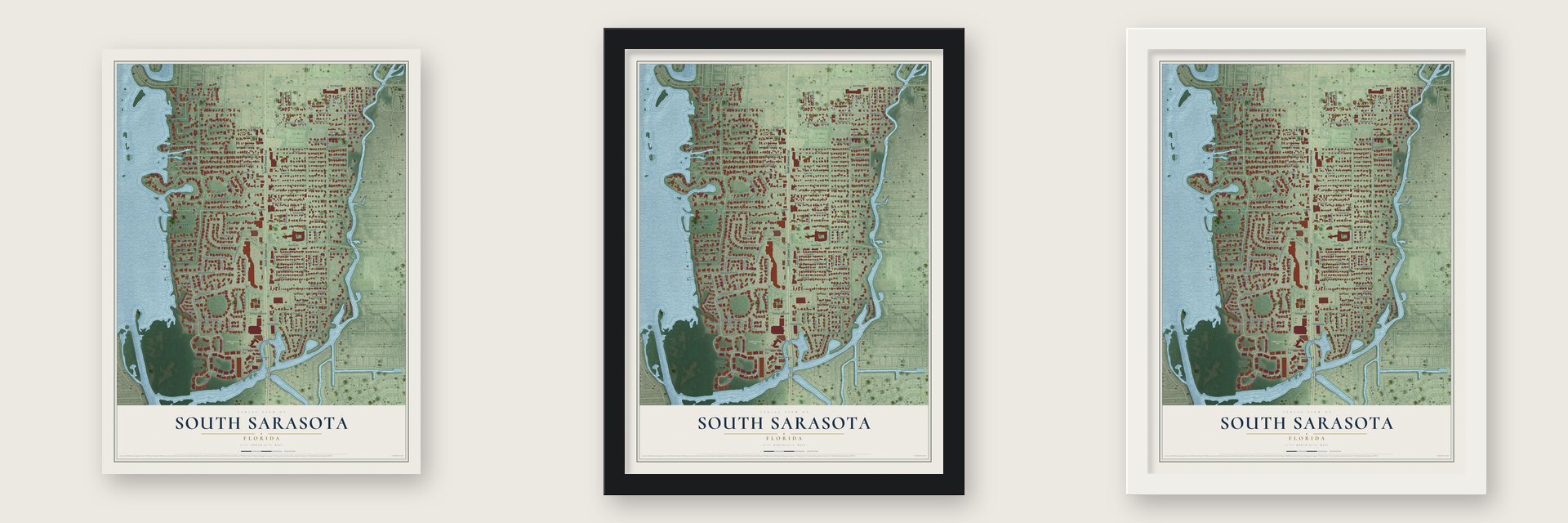 South Sarasota, Florida map unframed, in a black wood frame and in a white wood frame