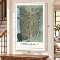 South Sarasota, Florida map, 24 x 36 inch print in a white frame by a staircase
