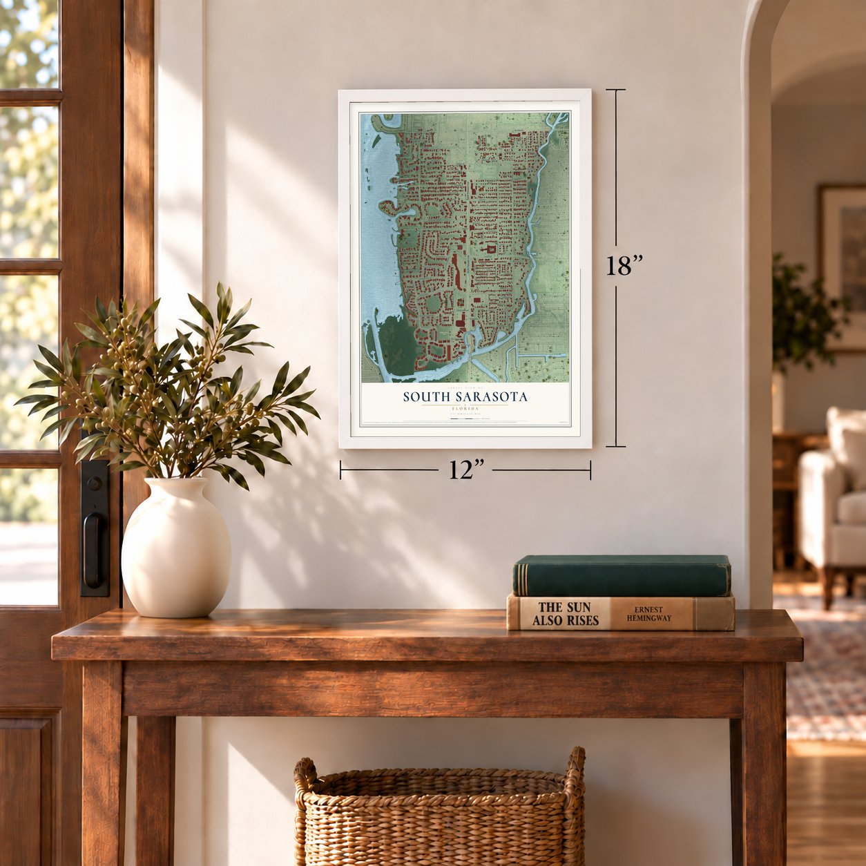 South Sarasota, Florida map, 12 x 18 inch print in a white frame in an entryway