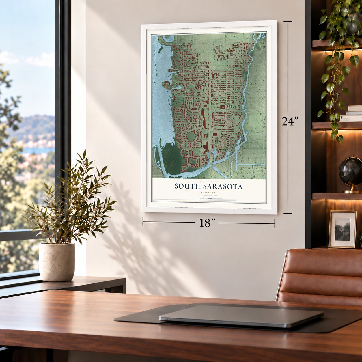 South Sarasota, Florida map, 18 x 24 inch print in a white frame in a home office