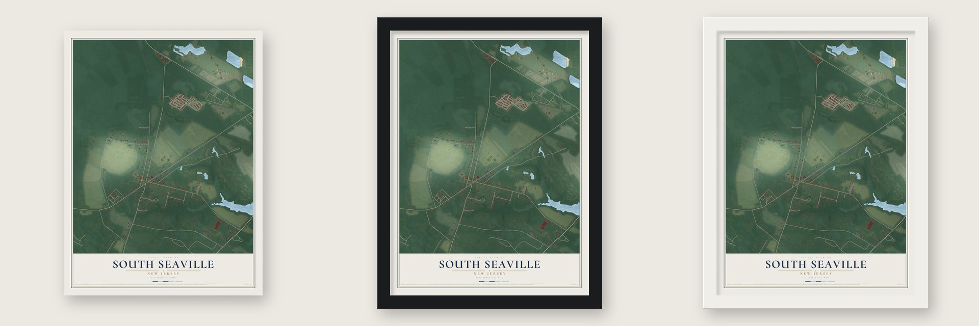 South Seaville, New Jersey map unframed, in a black wood frame and in a white wood frame