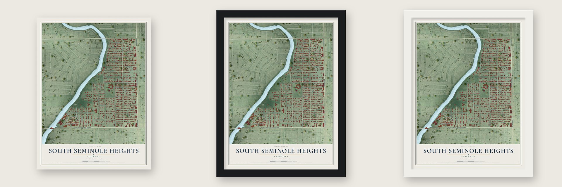 South Seminole Heights, Florida map unframed, in a black wood frame and in a white wood frame