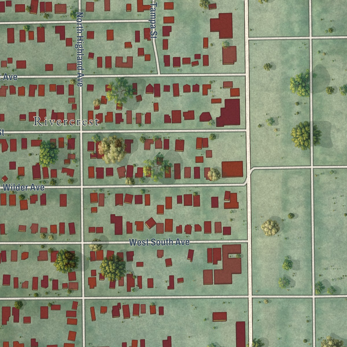 Second close-up of the map of South Seminole Heights, Florida print showing more streets and buildings