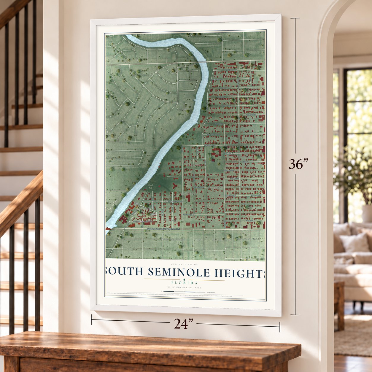 South Seminole Heights, Florida map, 24 x 36 inch print in a white frame by a staircase