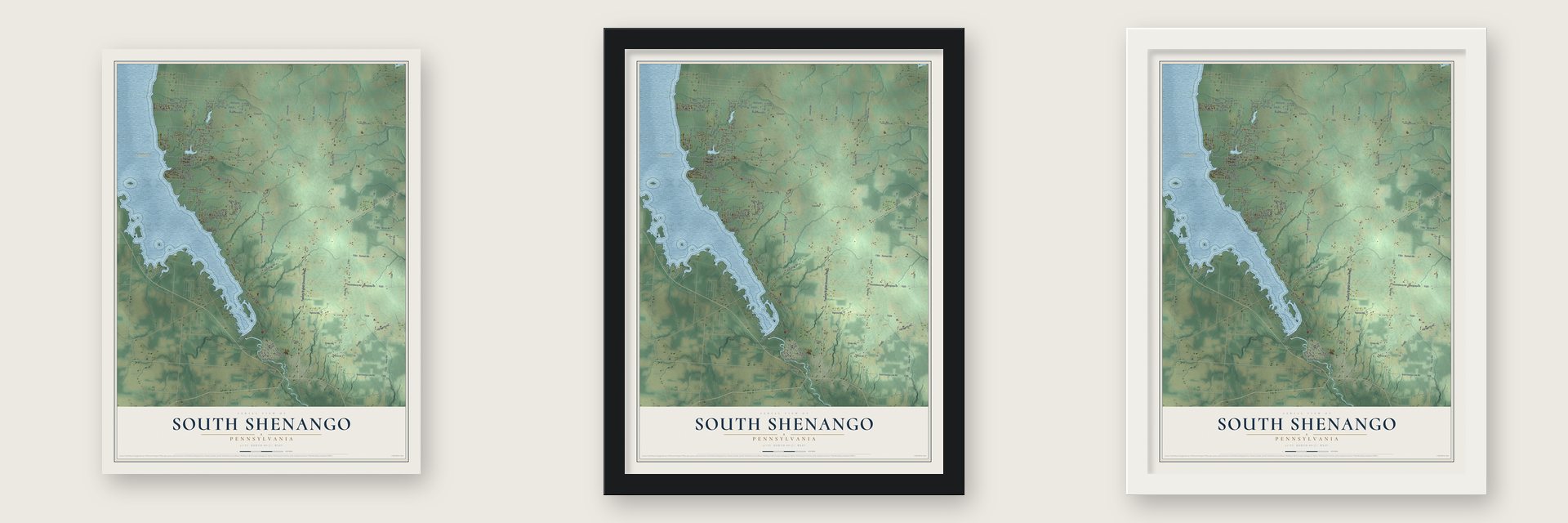 South Shenango, Pennsylvania map unframed, in a black wood frame and in a white wood frame