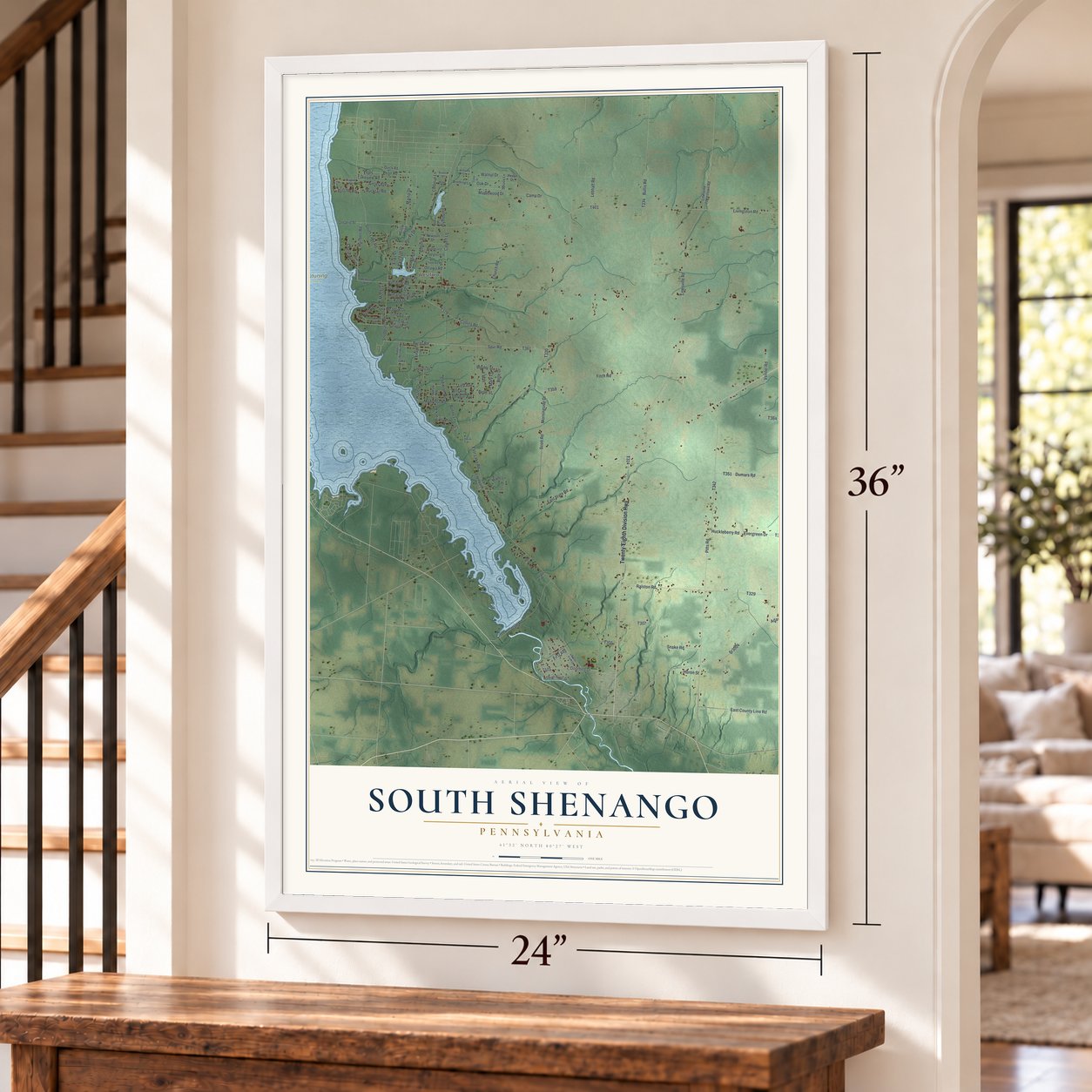 South Shenango, Pennsylvania map, 24 x 36 inch print in a white frame by a staircase
