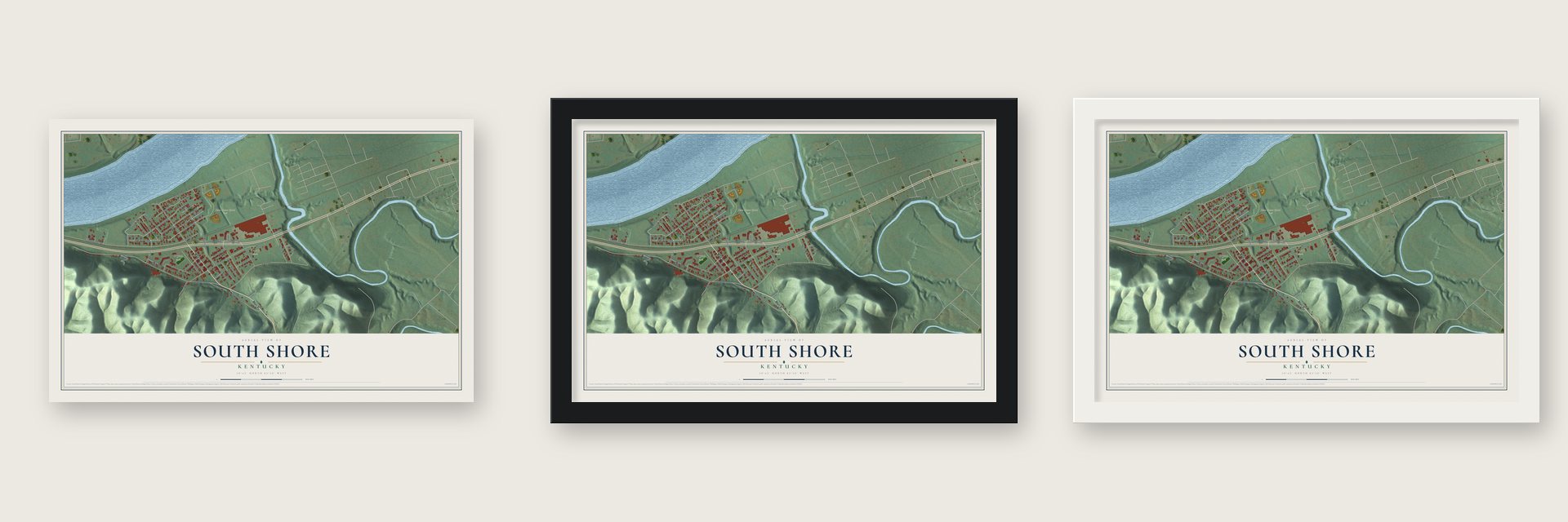 South Shore, Kentucky map unframed, in a black wood frame and in a white wood frame