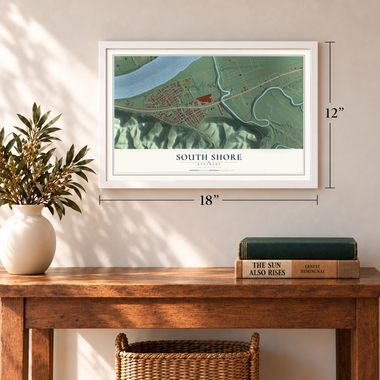 South Shore, Kentucky map, 12 x 18 inch print in a white frame in an entryway