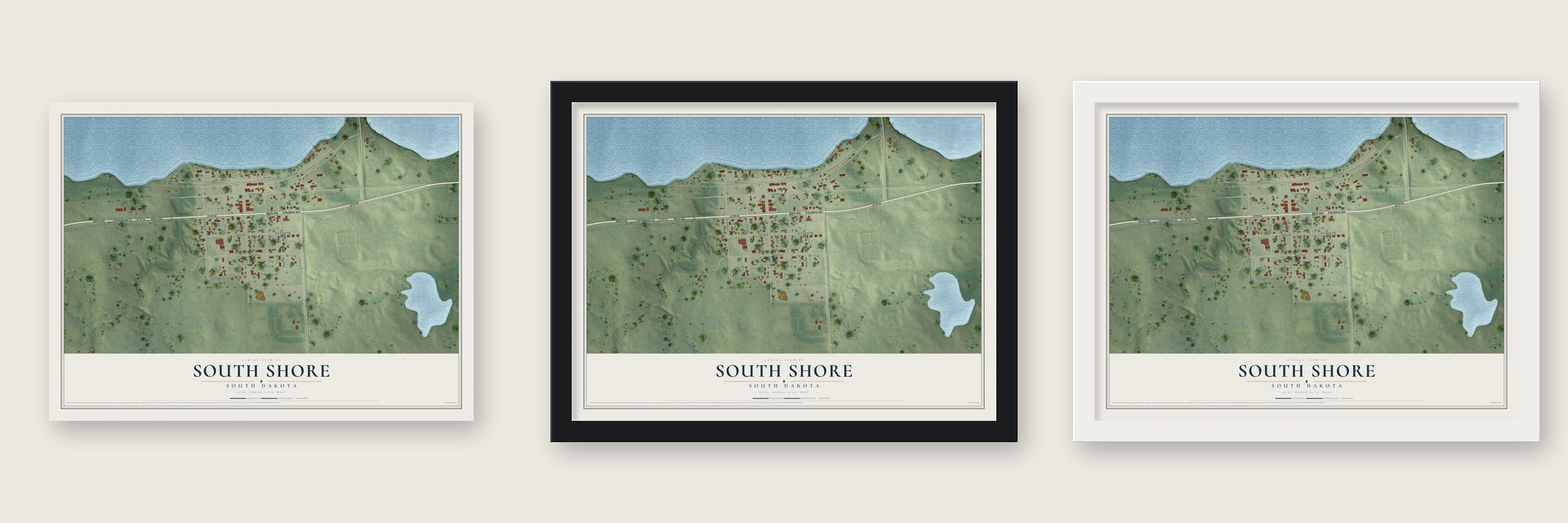 South Shore, South Dakota map unframed, in a black wood frame and in a white wood frame