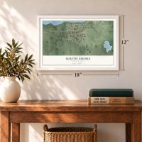South Shore, South Dakota map, 12 x 18 inch print in a white frame in an entryway