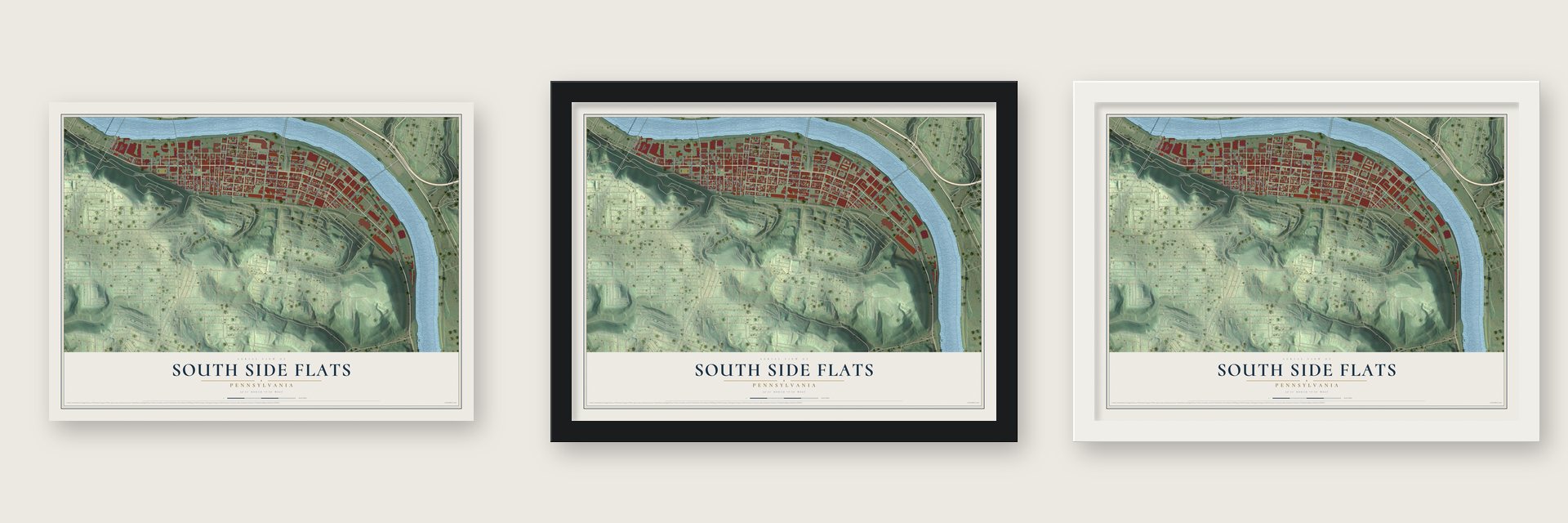 South Side Flats, Pennsylvania map unframed, in a black wood frame and in a white wood frame